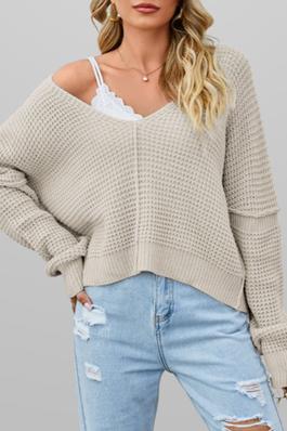 Solid Color Waffle Knit V Neck Sweater