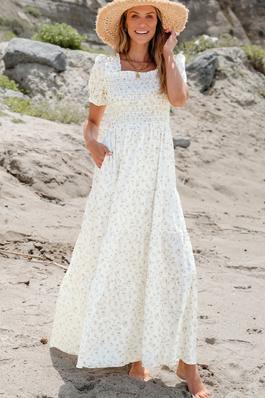 Frilly Shirred Bodice Tiered Floral Maxi Dress