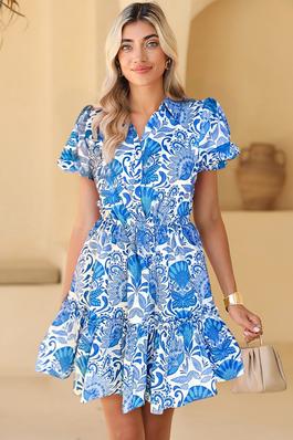 Retro Floral Drawstring Waist Ruffled Mini Dress