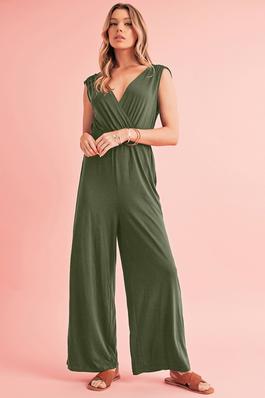 Deep V Pleated Wide Leg Backless Jumpsuit