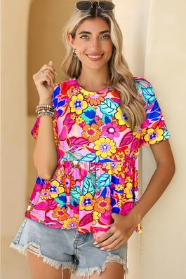 Floral Print Short Sleeve Pleated Babydoll Top