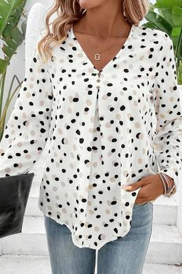  Dotted Print Button Front V Neck Blouse