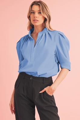 Solid Color Puff Short Sleeve Pleated Blouse