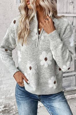 Floral Pattern Drop Shoulder Half Zip Sweater