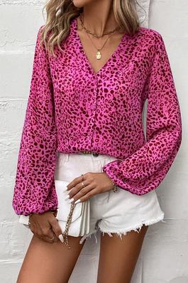 Leopard Printed Puff Sleeve V Neck Shirt