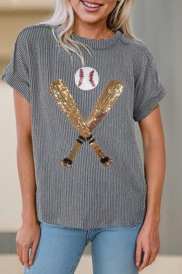  Ribbed Knit Sequin Baseball Graphic T Shirt