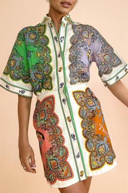 Ethnic Printed Color Block Button Up Short Dress