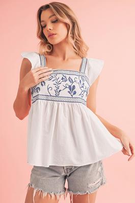 Embroidered Bust Square Neck Peplum Blouse