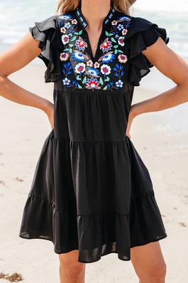 Embroidered Frill Neck Ruffle Babydoll Dress