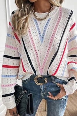 Striped Pointelle Knit Drop Shoulder Sweater
