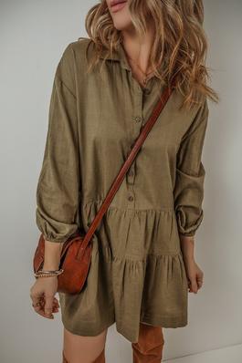 Buttoned Tiered Pleated Mini Shirt Dress