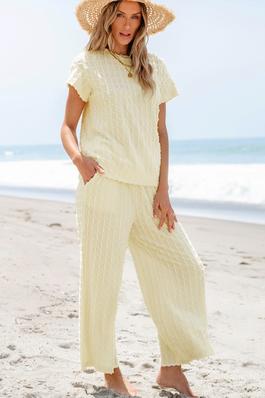 Textured Tee and Wide Leg Pants Two-Piece Set