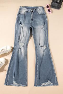 Vintage Light Wash Ripped Raw Edge Flare Jeans
