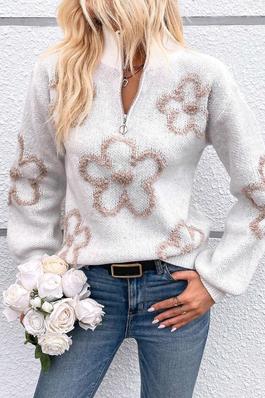 Flower Knitted Half Zipper Stand Neck Sweater