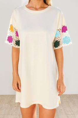 White Floral Crochet Splicing Sleeve T Shirt Dress