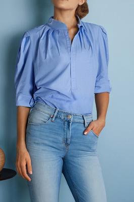 Blue Solid Color Puff Short Sleeve Pleated Blouse