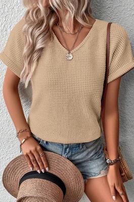 Textured Knit Button Back Cuffed Sleeve Tee