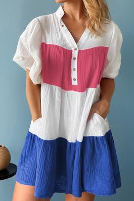 White Colorblock Patchwork Mini Tiered Dress