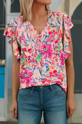 Floral Print Tied V-Neck Ruffle Sleeve Tank Tops