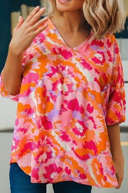 Rose Red Boho Abstract Print V Neck Loose Top