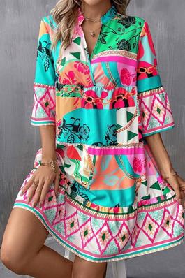 Multicolour Boho Abstract Print Flowy Tiered Dress
