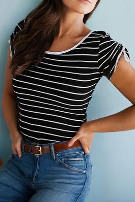 Striped Drawstring Sleeve Contrast T Shirt