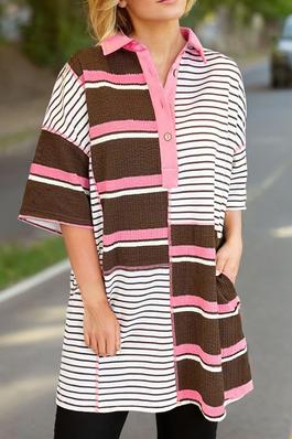 Brown Stripe Patchwork Buttoned T Shirt Dress