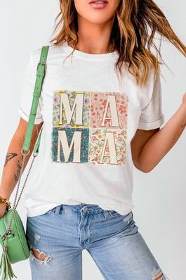 White MAMA Floral Block Graphic Casual T Shirt