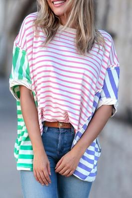 Multi Colorblock Stripe Patchwork Baggy T Shirt