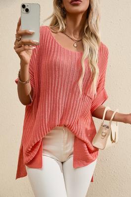 Salmon Rolled Cuffs Loose Knit Tee with Slits