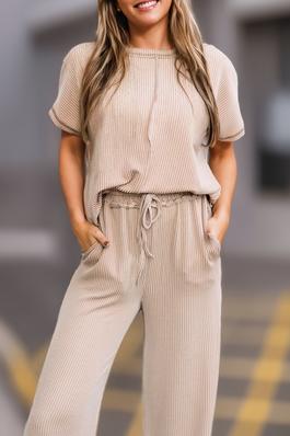Exposed Seam Ribbed Tee and Pants Two-piece Outfit