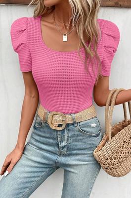 Pink Waffle Knit Ruched Puff Sleeve Top