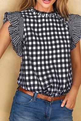 Checkered Ruffled Sleeve Frilled Neck Blouse