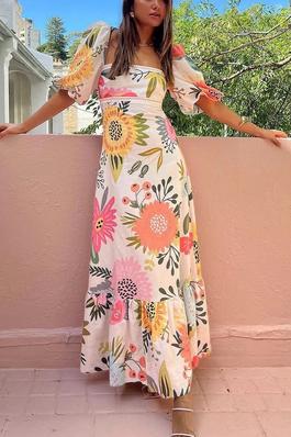 Floral Print Puff Sleeve Maxi Dress