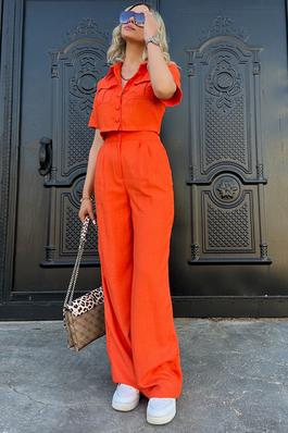 Button Up Crop Top and Wide Leg Pants Set