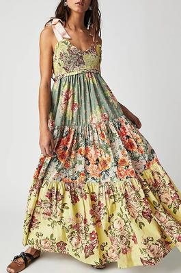 Floral Print Striped Backless Dress