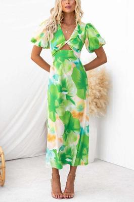 Floral Puff Sleeve Cutout Dress