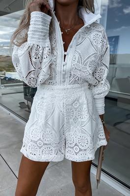Stand Collar Lace Top and Shorts Set