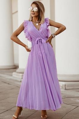 Ruffle Sleeve Pleated Solid Color Dress
