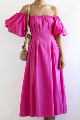 Solid Color Off Shoulder Pleated Dress