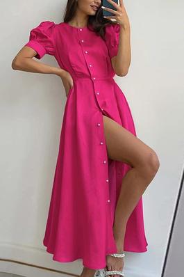 Solid Color High waist Front Slit Midi Dress