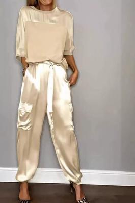 Solid Color Short Sleeve Top and Pants Set