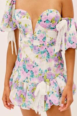 Strapless Asymmetric Sleeve Lace Ruffle Dress