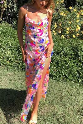 Backless Sequin Floral Spaghetti Strap Maxi Dress