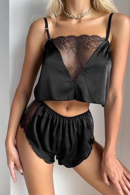 Spaghetti Strap Lace Crop Top and Shorts Set