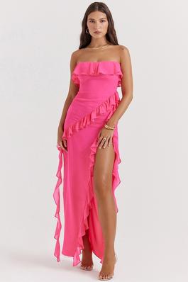 Solid Color Strapless Ruffle Side Slit Maxi Dress