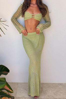 Solid Color Long Sleeve Crop Top and Skirt Set