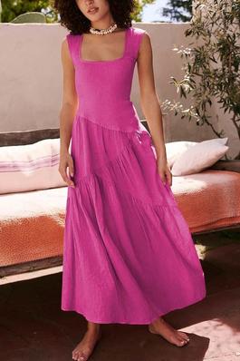 Solid Color Backless Square Neck Maxi Dress