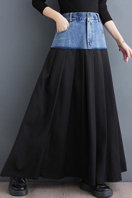 Denim-Waistband A-Line Skirt