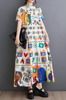 Short Sleeve Print Maxi Shirt Dress